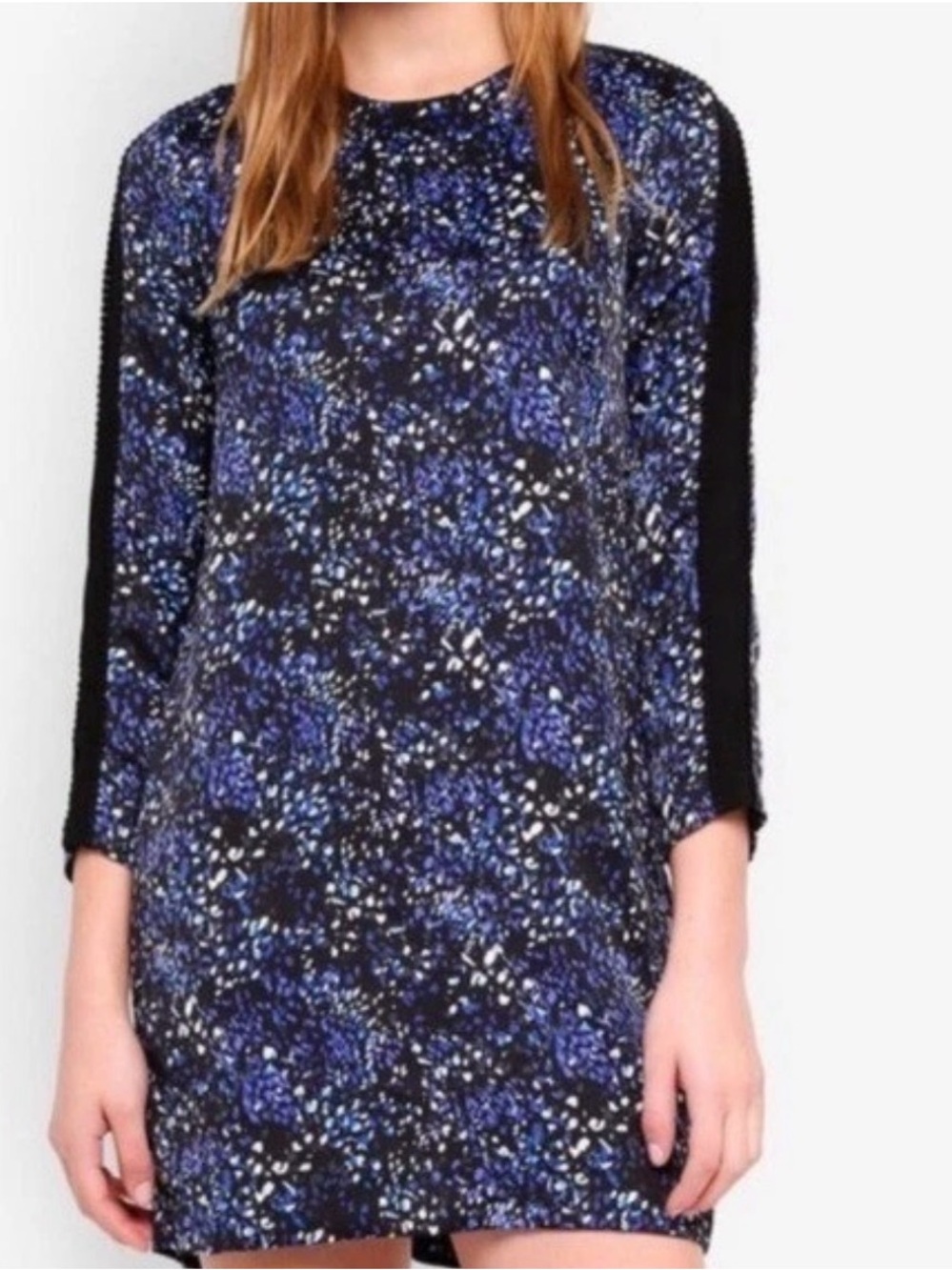 Banana Republic Black Shift Dress Long Sleeve with Blue Black Floral Print Small